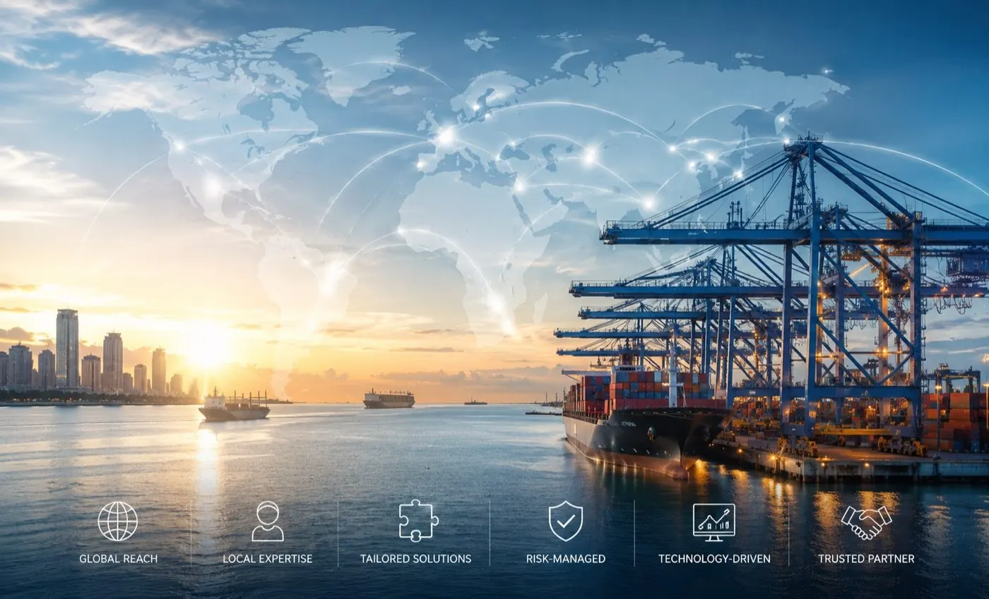 Pelabuhan perdagangan global dengan laluan perdagangan digital dan ikon perkhidmatan institusi